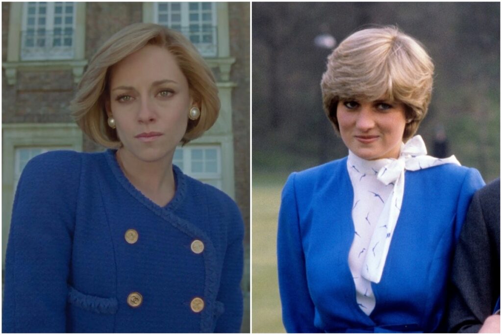Colaj Kristen Stewart în filmul Spencer și Prințesa Diana când și-a anunțat logodna. Amândouă poartă haine albastre. A fost nevoie de o perucă pentru a detalia cum s-a transformat Kristenn Stewart în Prințesa Diana