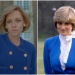 Colaj Kristen Stewart în filmul Spencer și Prințesa Diana când și-a anunțat logodna. Amândouă poartă haine albastre. A fost nevoie de o perucă pentru a detalia cum s-a transformat Kristenn Stewart în Prințesa Diana