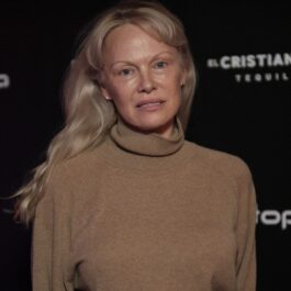 Pamela Anderson, într-o rochie maro, la un eveniment